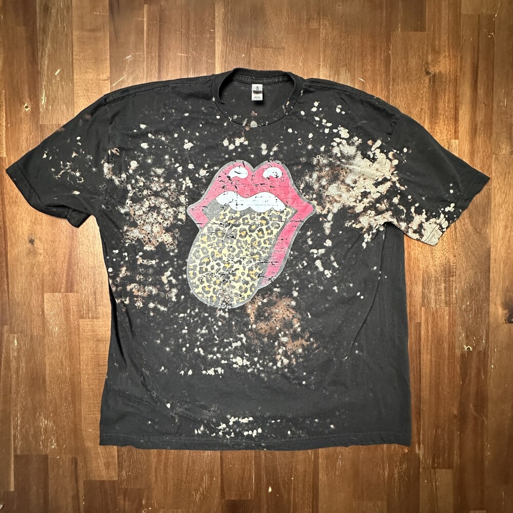 Rolling Stones Shirt Mens 2XL Black Bleach Dyed Leopard Tongue Graphic Band Rock